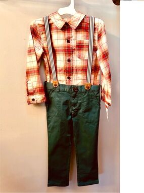 Cat & Jack 3 Pc Set, Green Pants, Suspender and Red and Cream Plaid Shirt 4T NWT